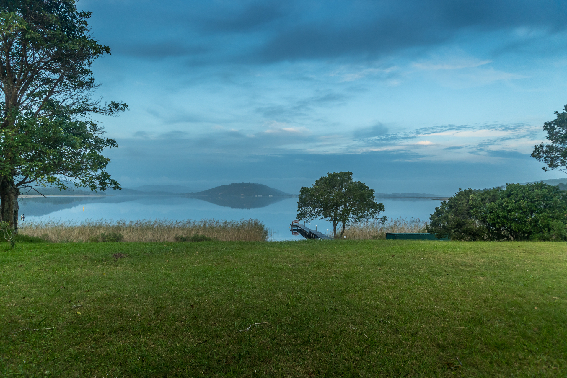 Lake view with jetty at Sunbird Chalet