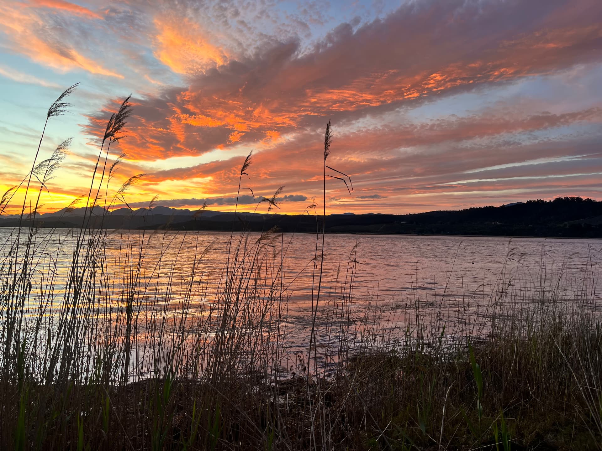 Fiery sunset over Swartvlei Lake seen through the reeds